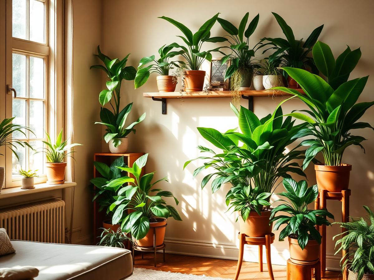 A bright, plant-filled room corner with thriving houseplants in warm natural light