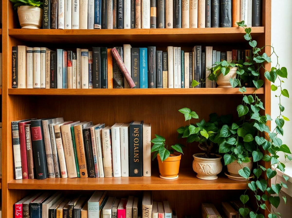 A bookshelf styled with trailing plants