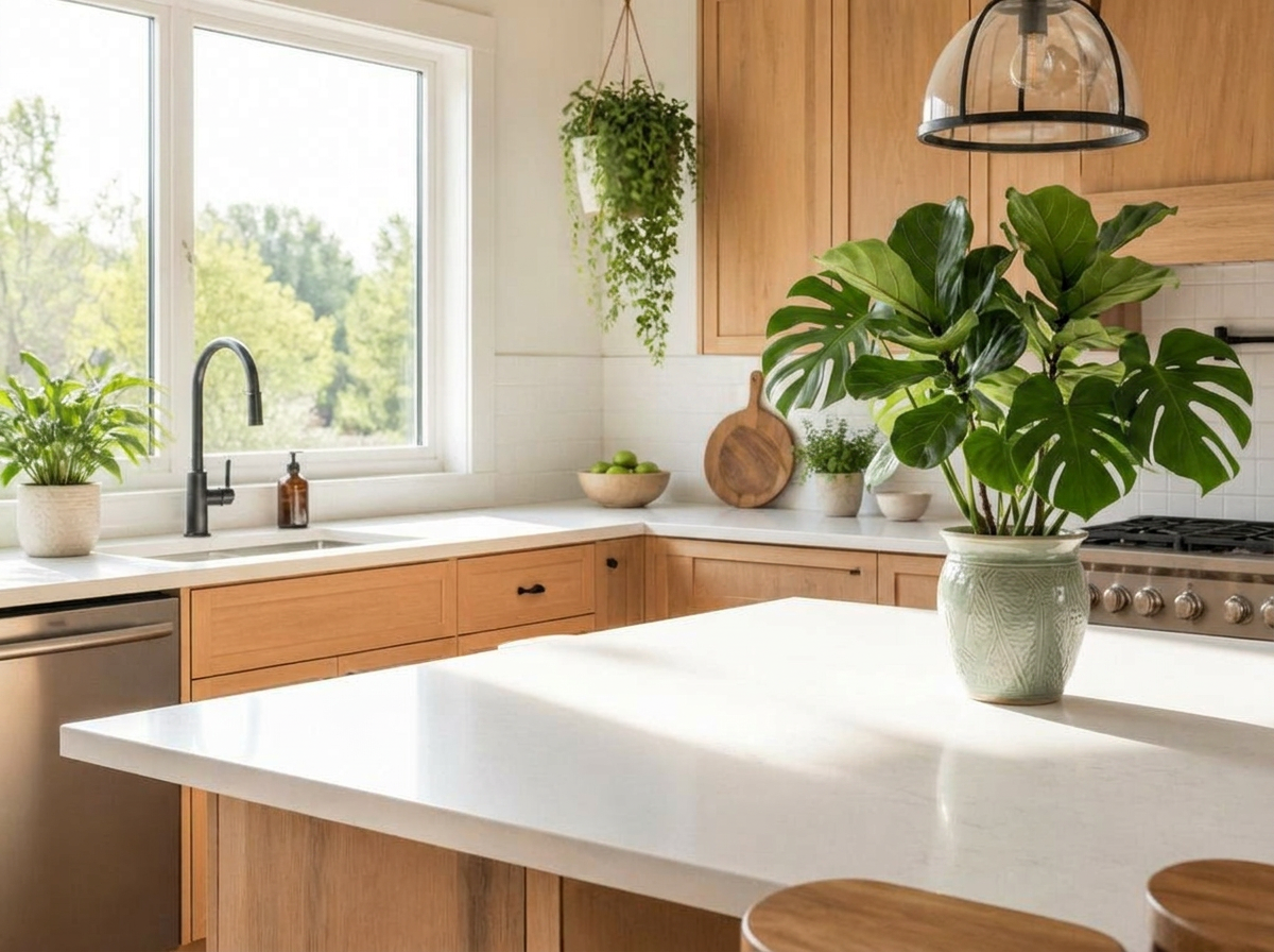 A bright kitchen styled with houseplants