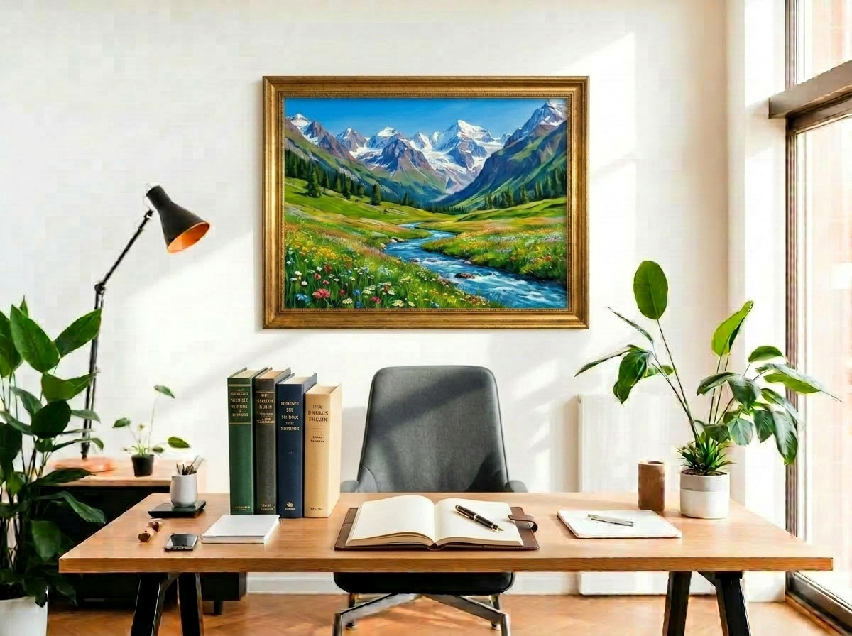 An office workspace styled with houseplants
