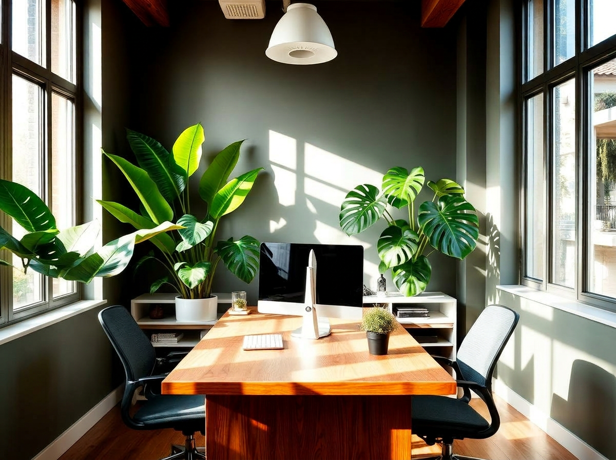A modern office workspace styled with lush houseplants