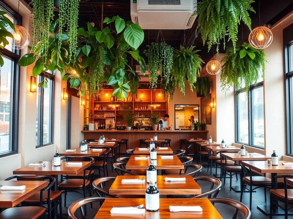 A restaurant interior decorated with beautiful houseplants